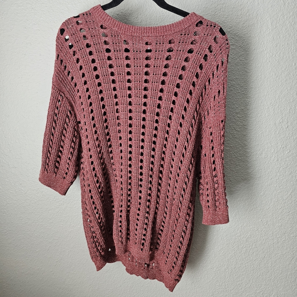 Zara 100% Cotton Burgundy Lace Knit  Short Sleeve Pullover Size XL